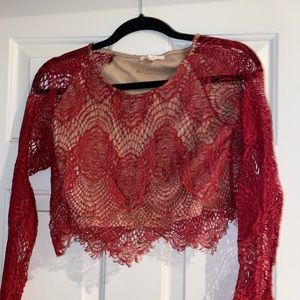 Luxxel Red Mesh Lace Crop Top